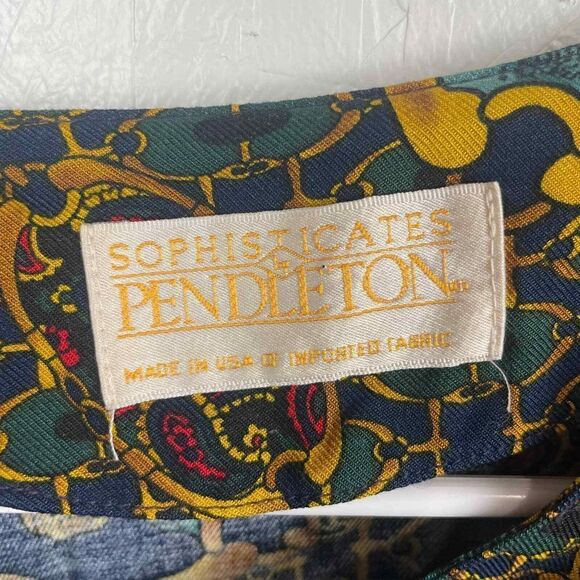 Vintage Pendleton Blue Gold Chain Link Horses 100% Rayon Size 16 Blouse - Picture 2 of 7